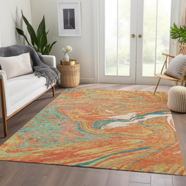 HomeRoots 9' X 12' Vibrant Orange, Teal & Sage Abstract Washable Area Rug with UV Protection & Stain Resistance 683140