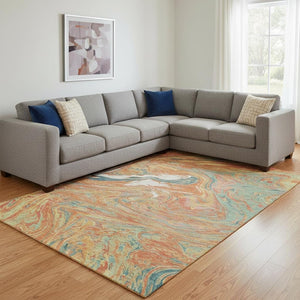 HomeRoots 10' Vibrant Abstract Washable Area Rug in Orange, Teal, and Sage with UV Protection for Family Homes 683141