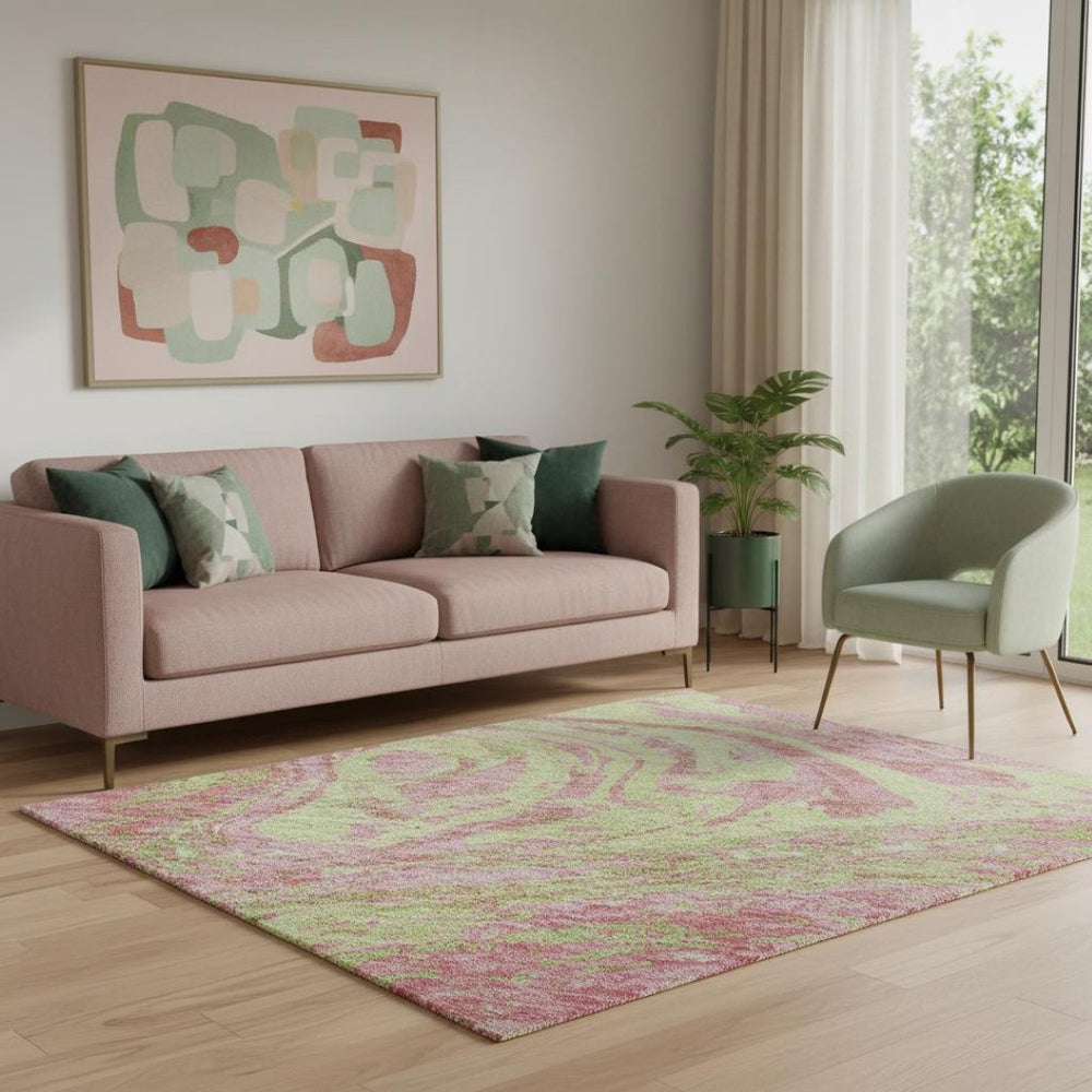 HomeRoots 5' X 8' Washable Abstract Area Rug in Pink, Artichoke Green & Ivory - UV Protection & Easy Care 683143