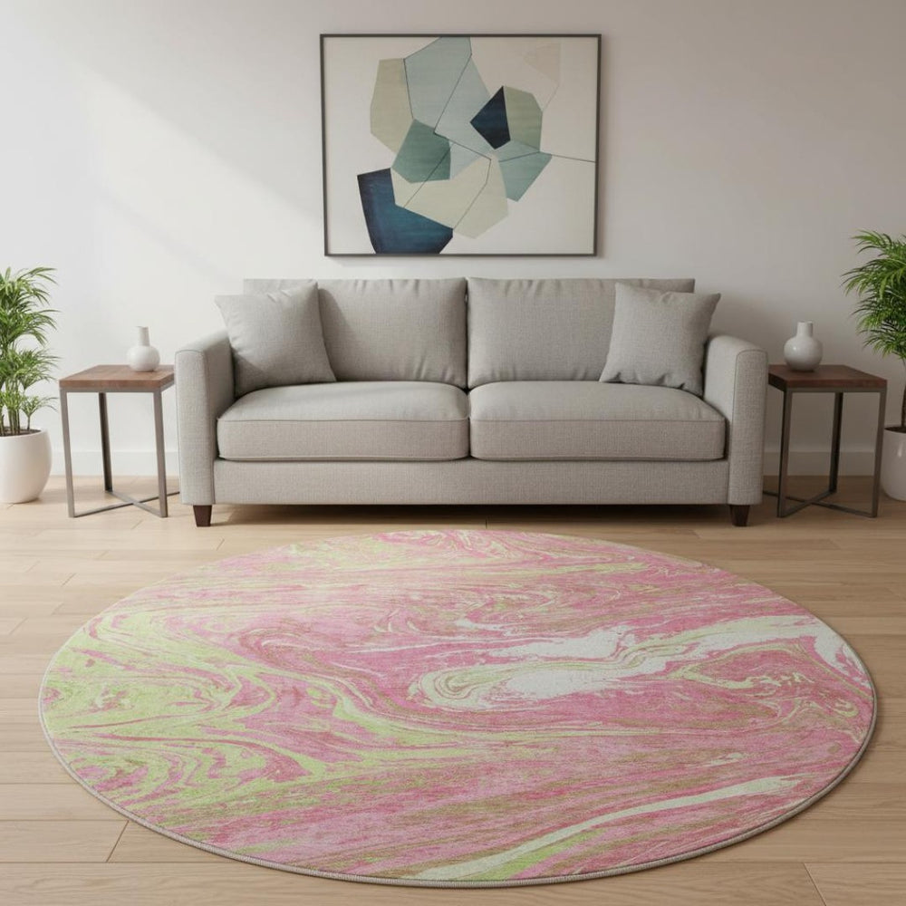 HomeRoots 8' Washable Round Rug in Pink, Artichoke Green & Ivory - Modern Abstract Design with UV Protection 683144