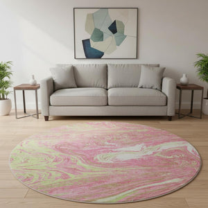 HomeRoots 8' Washable Round Rug in Pink, Artichoke Green & Ivory - Modern Abstract Design with UV Protection 683144