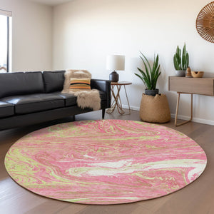 HomeRoots 8' Washable Round Rug in Pink, Artichoke Green & Ivory - Modern Abstract Design with UV Protection 683144