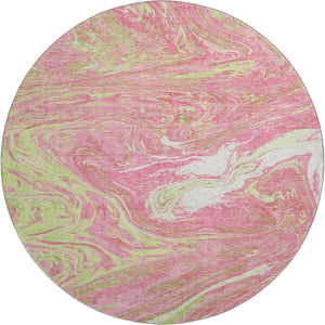 HomeRoots 8' Washable Round Rug in Pink, Artichoke Green & Ivory - Modern Abstract Design with UV Protection 683144
