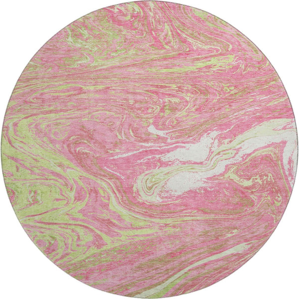 HomeRoots 8' Washable Round Rug in Pink, Artichoke Green & Ivory - Modern Abstract Design with UV Protection 683144