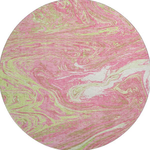 HomeRoots 8' Washable Round Rug in Pink, Artichoke Green & Ivory - Modern Abstract Design with UV Protection 683144