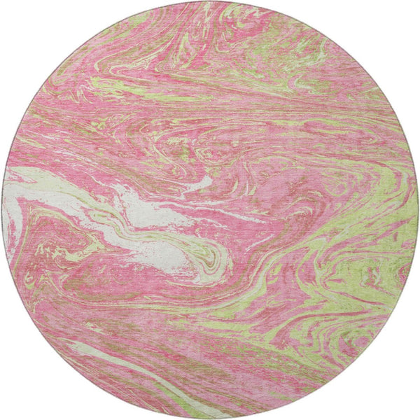 HomeRoots 8' Washable Round Rug in Pink, Artichoke Green & Ivory - Modern Abstract Design with UV Protection 683144