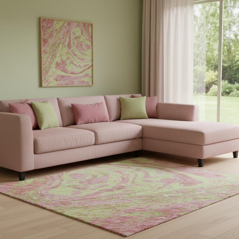 HomeRoots 8' X 10' Washable Abstract Area Rug in Pink, Artichoke Green & Ivory - UV Protected & Durable Design 683145
