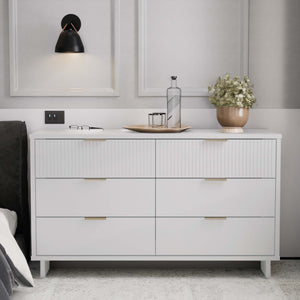 English Elm Granville 55" Dresser In White - Stylish 6-Drawer Storage With Gold Handles & Textured Design B365S00086