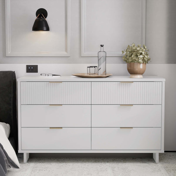 English Elm Granville 55" Dresser In White - Stylish 6-Drawer Storage With Gold Handles & Textured Design B365S00086