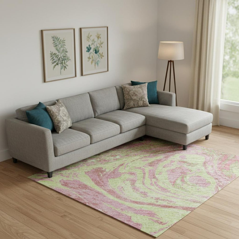 HomeRoots 9' X 12' Washable Abstract Area Rug in Pink, Artichoke Green, Ivory – UV Protection & Stain Resistant! 683146