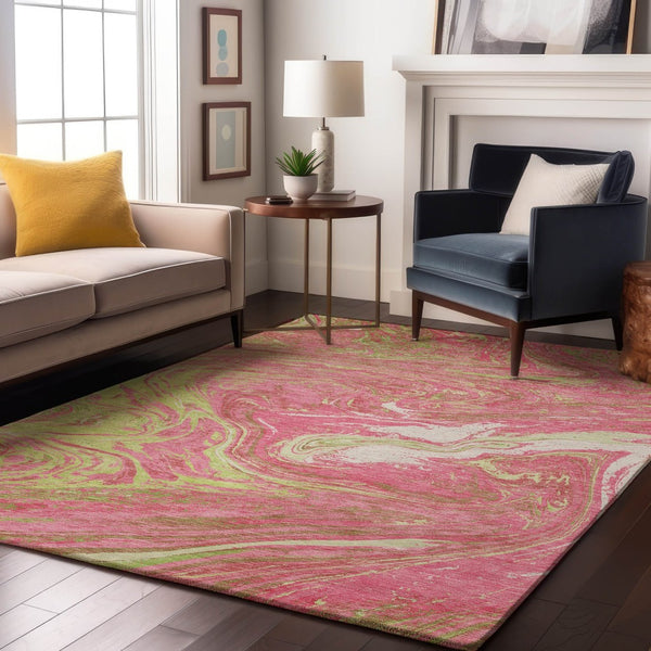 HomeRoots 9' X 12' Washable Abstract Area Rug in Pink, Artichoke Green, Ivory – UV Protection & Stain Resistant! 683146