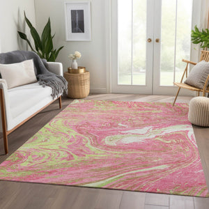 HomeRoots 9' X 12' Washable Abstract Area Rug in Pink, Artichoke Green, Ivory – UV Protection & Stain Resistant! 683146