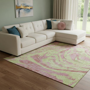 HomeRoots 10' X 14' Abstract Washable Area Rug in Pink & Artichoke Green - UV Protected, Stain-Resistant Style 683147