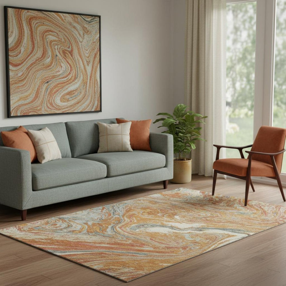 HomeRoots 5' X 8' Abstract Rust Gray Ivory Area Rug - Washable, UV Protected, Perfect for High-Traffic Homes! 683149