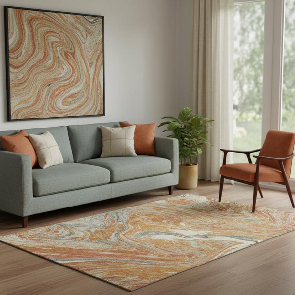HomeRoots 5' X 8' Abstract Rust Gray Ivory Area Rug - Washable, UV Protected, Perfect for High-Traffic Homes! 683149