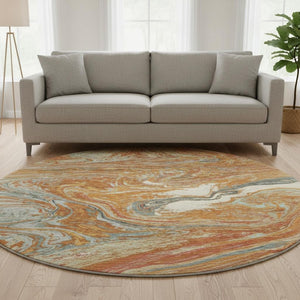 HomeRoots 8' Washable Round Rug in Rust Gray & Ivory – Durable, UV-Protected, Stain-Resistant for Busy Homes! 683150