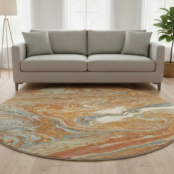 HomeRoots 8' Washable Round Rug in Rust Gray & Ivory – Durable, UV-Protected, Stain-Resistant for Busy Homes! 683150