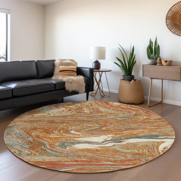 HomeRoots 8' Washable Round Rug in Rust Gray & Ivory – Durable, UV-Protected, Stain-Resistant for Busy Homes! 683150