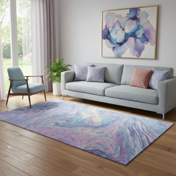 HomeRoots 5' X 8' Sky Blue Lavender Ivory Abstract Area Rug - Washable, UV Protected, Soft & Stylish Design! 683155