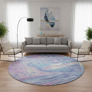 HomeRoots 8' Sky Blue Lavender Abstract Round Rug – Washable, UV Protected, Durable for High-Traffic Areas 683156
