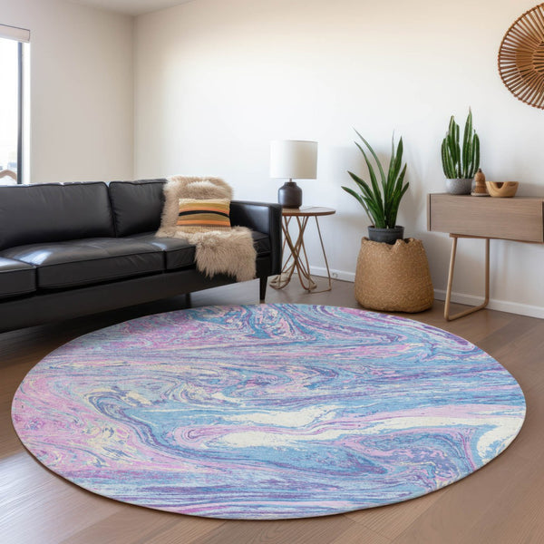 HomeRoots 8' Sky Blue Lavender Abstract Round Rug – Washable, UV Protected, Durable for High-Traffic Areas 683156