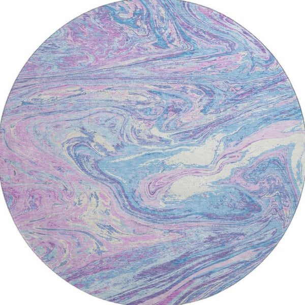 HomeRoots 8' Sky Blue Lavender Abstract Round Rug – Washable, UV Protected, Durable for High-Traffic Areas 683156