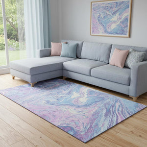 HomeRoots 8' X 10' Sky Blue, Lavender & Ivory Abstract Washable Area Rug with UV Protection for Modern Homes 683157