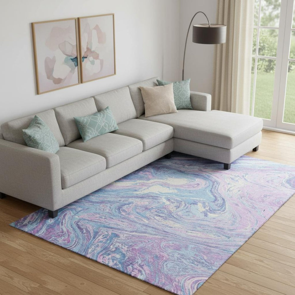 HomeRoots 9' X 12' Sky Blue Lavender Ivory Abstract Area Rug – Stylish, Washable, UV-Protected, Pet-Friendly Design 683158
