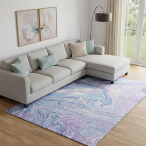 HomeRoots 9' X 12' Sky Blue Lavender Ivory Abstract Area Rug – Stylish, Washable, UV-Protected, Pet-Friendly Design 683158