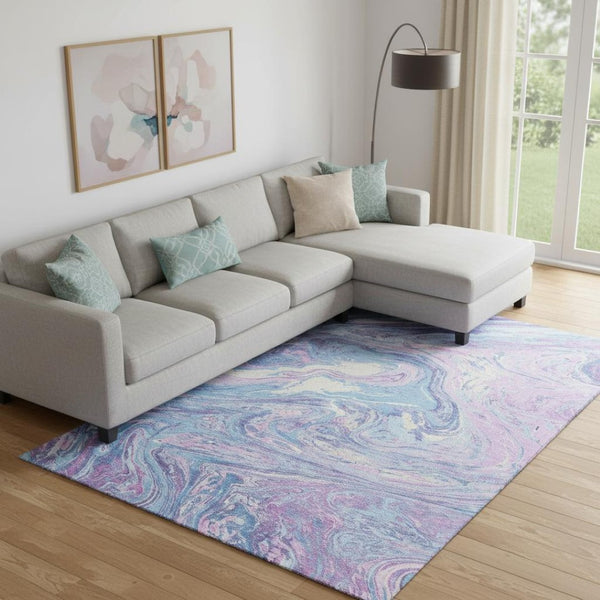 HomeRoots 9' X 12' Sky Blue Lavender Ivory Abstract Area Rug – Stylish, Washable, UV-Protected, Pet-Friendly Design 683158