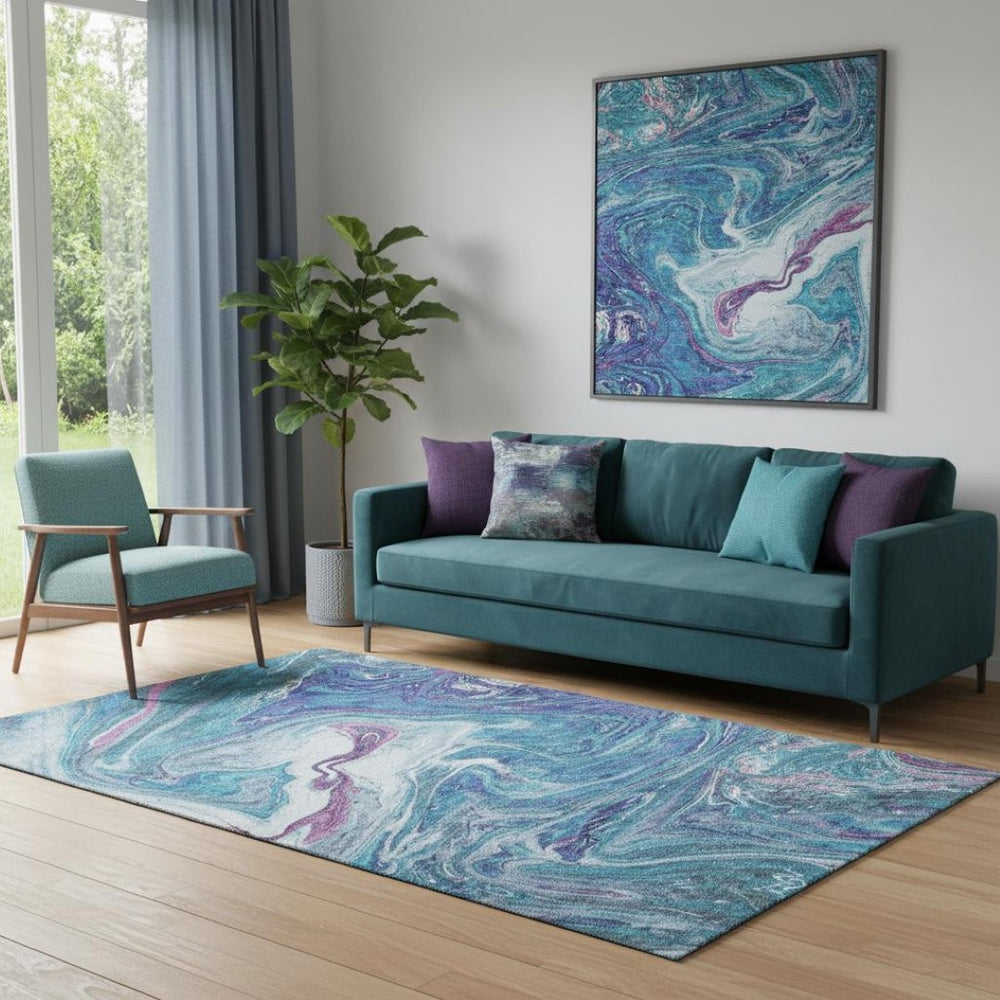 HomeRoots 5' X 8' Vibrant Teal, Purple & Ivory Abstract Area Rug - Washable, UV-Protected & Stain-Resistant! 683161