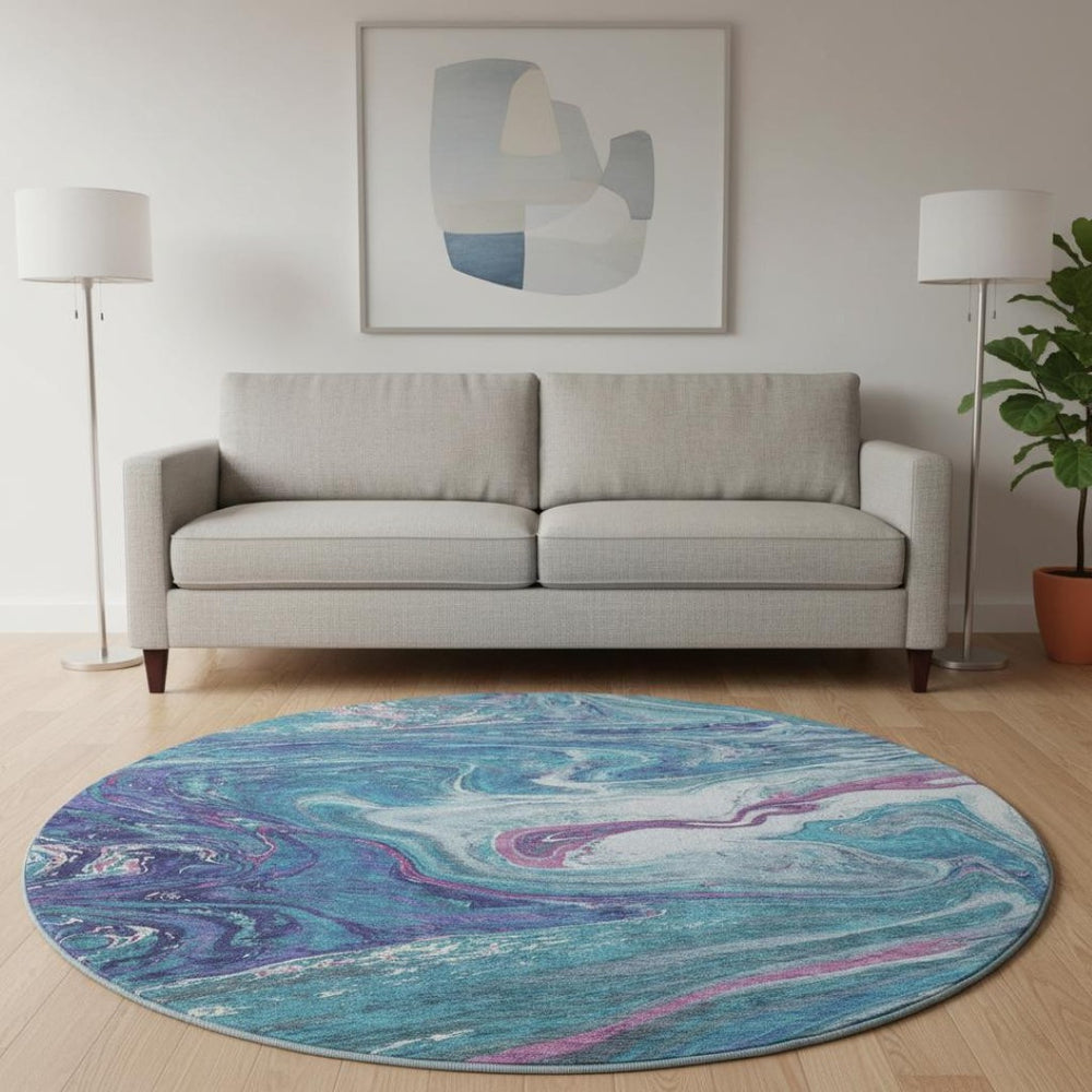 HomeRoots 8' Teal Purple Ivory Abstract Washable Round Rug – Durable, Stain-Resistant, UV Protected for Homes 683162