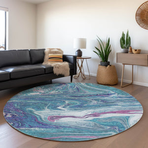 HomeRoots 8' Teal Purple Ivory Abstract Washable Round Rug – Durable, Stain-Resistant, UV Protected for Homes 683162