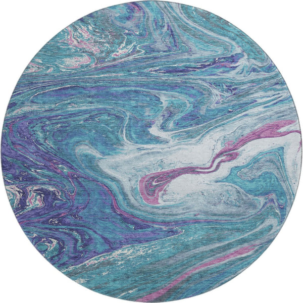 HomeRoots 8' Teal Purple Ivory Abstract Washable Round Rug – Durable, Stain-Resistant, UV Protected for Homes 683162