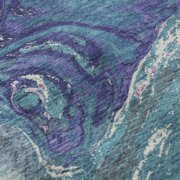 HomeRoots 8' Teal Purple Ivory Abstract Washable Round Rug – Durable, Stain-Resistant, UV Protected for Homes 683162
