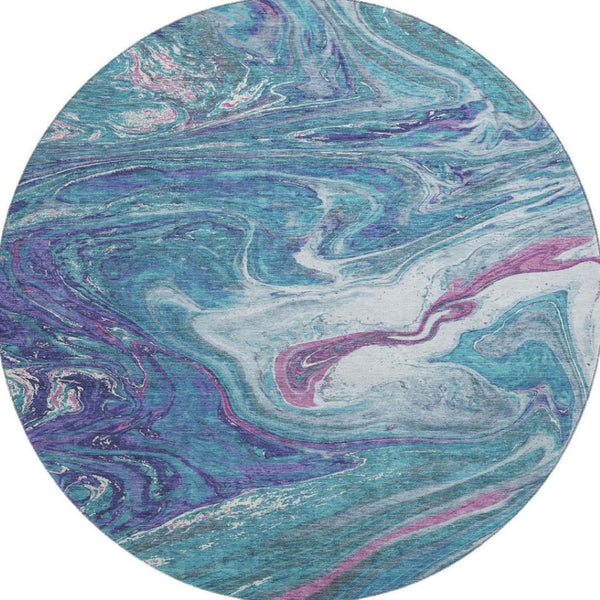 HomeRoots 8' Teal Purple Ivory Abstract Washable Round Rug – Durable, Stain-Resistant, UV Protected for Homes 683162