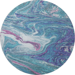 HomeRoots 8' Teal Purple Ivory Abstract Washable Round Rug – Durable, Stain-Resistant, UV Protected for Homes 683162