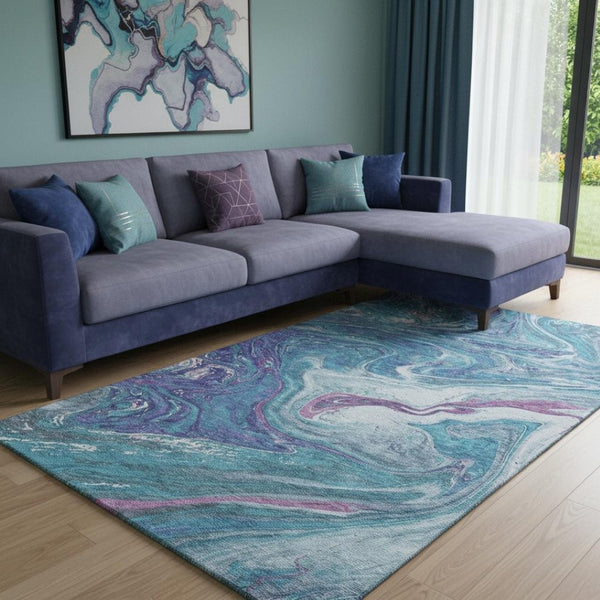HomeRoots 8' X 10' Bold Teal Purple Ivory Abstract Area Rug - Washable, UV Protected, Perfect for High Traffic! 683163
