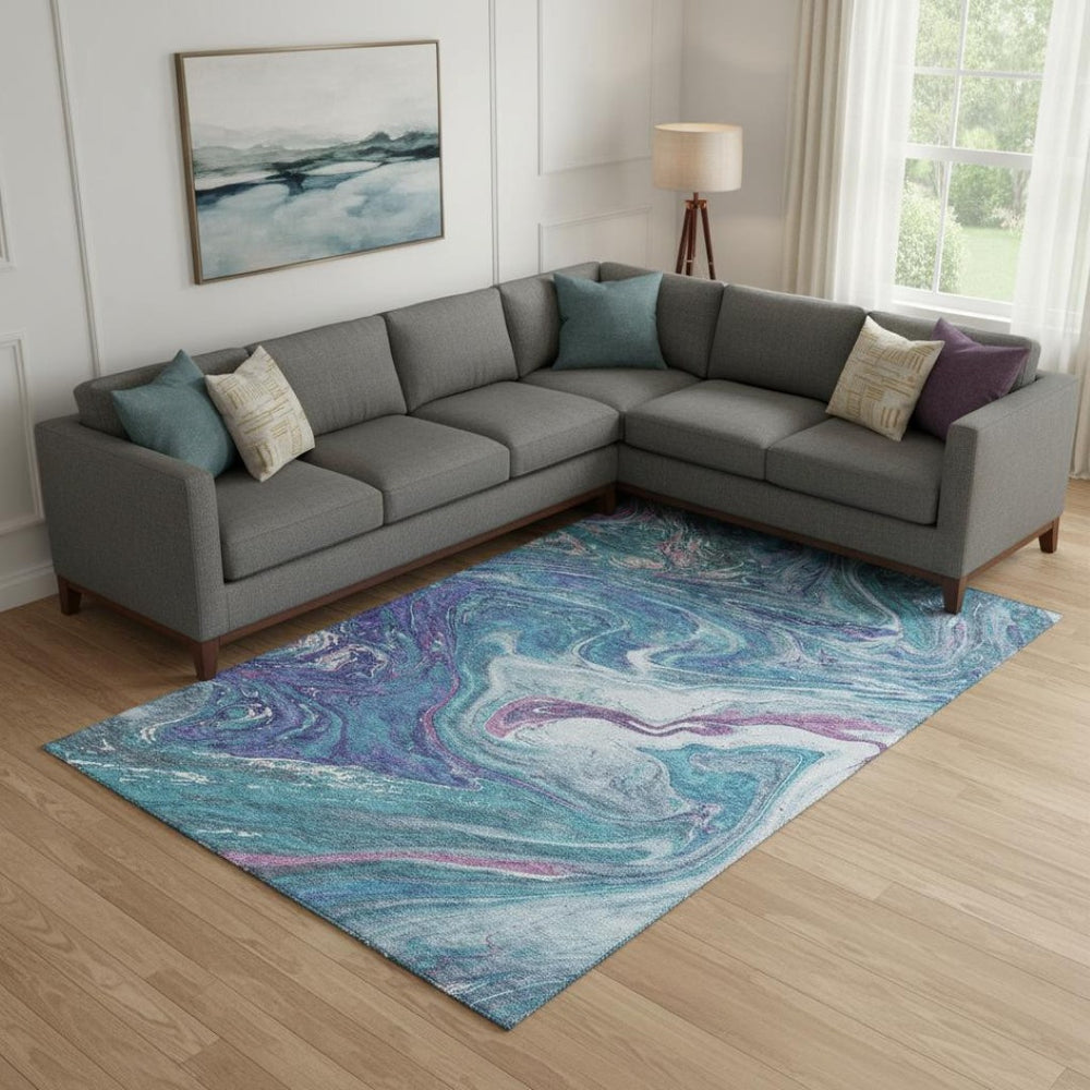 HomeRoots 9' X 12' Teal Purple Ivory Abstract Area Rug - Durable, Washable, UV Protected for Modern Living Spaces 683164