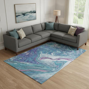 HomeRoots 9' X 12' Teal Purple Ivory Abstract Area Rug - Durable, Washable, UV Protected for Modern Living Spaces 683164