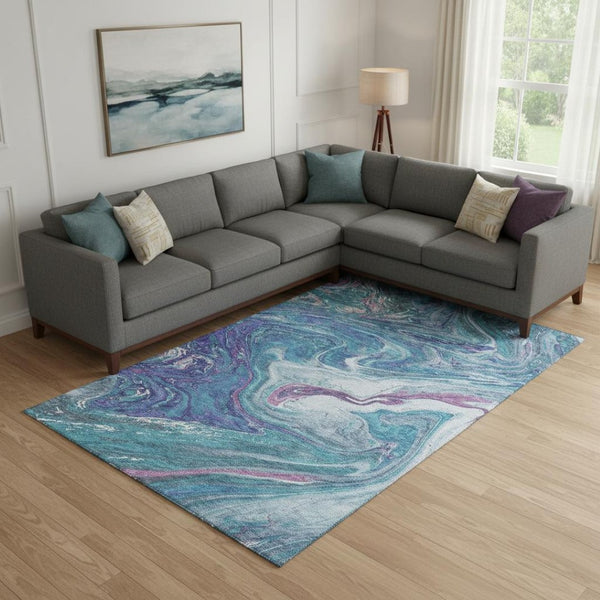 HomeRoots 9' X 12' Teal Purple Ivory Abstract Area Rug - Durable, Washable, UV Protected for Modern Living Spaces 683164