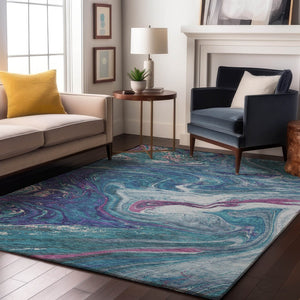 HomeRoots 9' X 12' Teal Purple Ivory Abstract Area Rug - Durable, Washable, UV Protected for Modern Living Spaces 683164