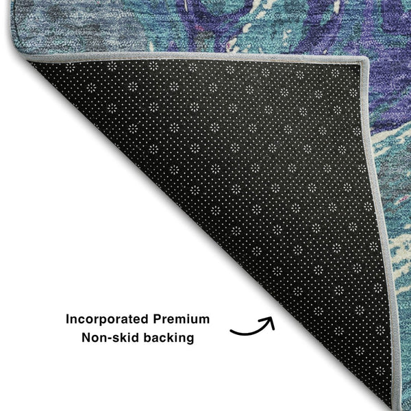 HomeRoots 9' X 12' Teal Purple Ivory Abstract Area Rug - Durable, Washable, UV Protected for Modern Living Spaces 683164