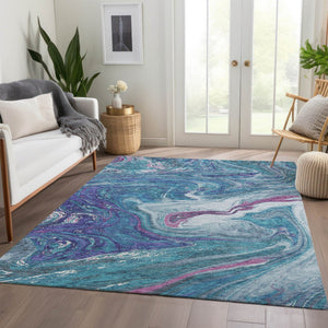 HomeRoots 9' X 12' Teal Purple Ivory Abstract Area Rug - Durable, Washable, UV Protected for Modern Living Spaces 683164