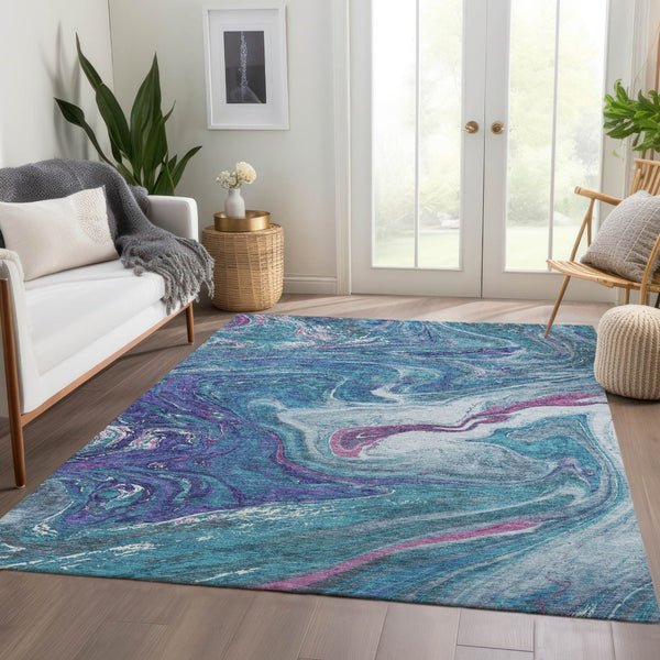 HomeRoots 9' X 12' Teal Purple Ivory Abstract Area Rug - Durable, Washable, UV Protected for Modern Living Spaces 683164