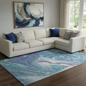 HomeRoots 10' X 14' Teal Purple Ivory Abstract Area Rug - Washable, UV Protected, Ideal for High-Traffic Spaces 683165
