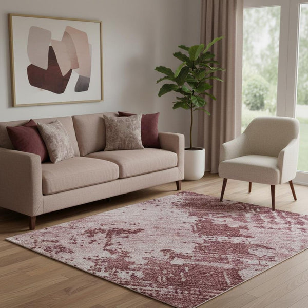 HomeRoots 5' X 8' Blush & Mauve Abstract Washable Area Rug - Durable, UV-Protected for Modern Living Spaces 683173