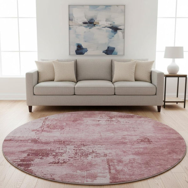 HomeRoots 8' Blush and Mauve Abstract Round Rug - Washable, UV-Protected, Ideal for High-Traffic Spaces 683174