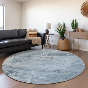 HomeRoots 8' Denim Blue and Ivory Abstract Washable Round Rug with UV Protection - Stain-Resistant Beauty! 683180