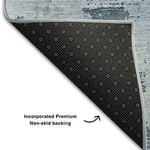 HomeRoots 8' Denim Blue and Ivory Abstract Washable Round Rug with UV Protection - Stain-Resistant Beauty! 683180